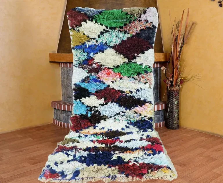 Colorful boucherouite rug featuring vibrant recycled fabrics. A stunning handmade rug serving as a colorful moroccan rug and highlighting the best of moroccan boucherouite rugs.
