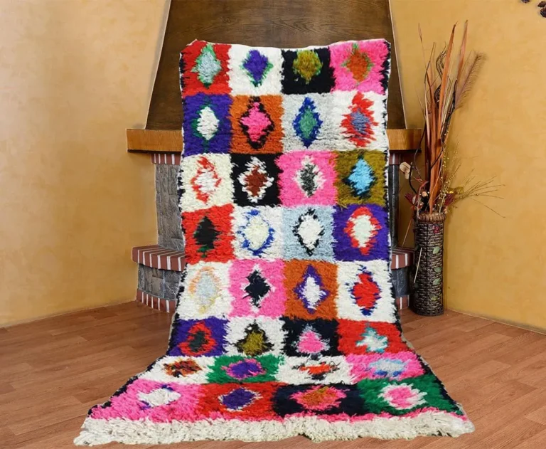 Colorful moroccan rug displaying vibrant details. A stunning handmade rug serving as a multicolor rug, beni ourain rug, and moroccan berber rug